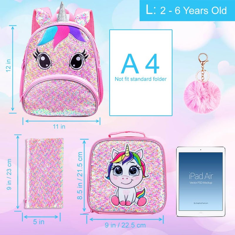 gxtvo 3PCS Unicorn Backpack for Girls, Toddler Sequin Preschool Bookbag, 12.5" Cute Cartoon Animal Schoolbag - Image 4